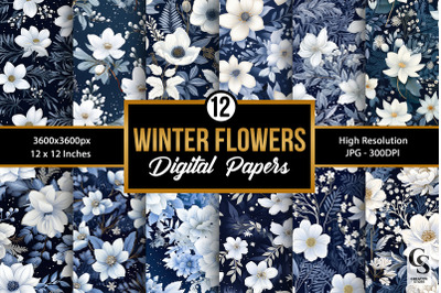 Winter Snowy Flowers Digital Papers