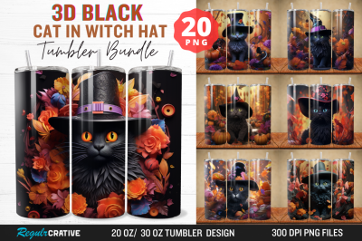 3D Black Cat in Witch Hat Tumbler Bundle