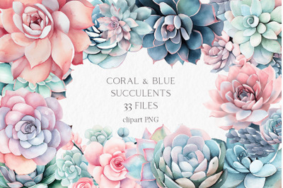 Coral &amp; blue succulents Watercolor Clipart PNG