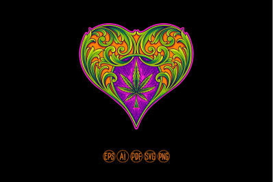 Vintage heart shaped engraved floral with cannabis leaf