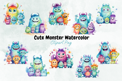 Cute Monster Watercolor Clipart Bundle