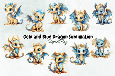 Gold and Blue Dragon Sublimation Clipart