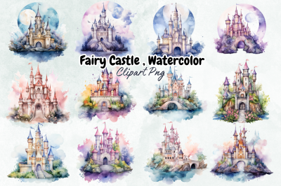 Fairy Castle , Watercolor Clipart Bundle