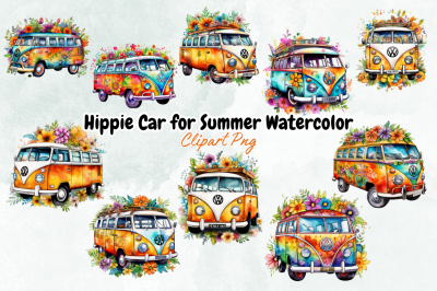 Hippie Car for Summer Watercolor Clipart