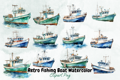 Retro Fishing Boat Watercolor Clipart