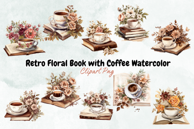 Retro Floral Book with Coffee Watercolor