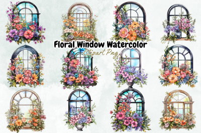 Floral Window Watercolor Clipart