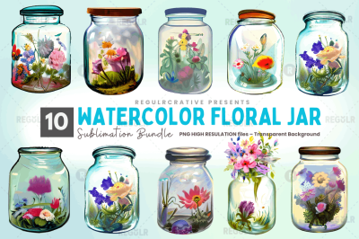 Watercolor Floral Jar Clipart  Bundle