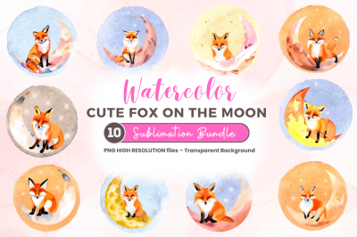 Watercolor Cute Fox on The Moon Clipart Bundle