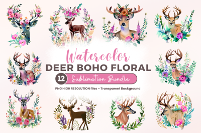 Deer Boho Floral Watercolor Sublimation bundle