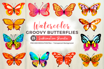 Watercolor Groovy Butterflies Sublimation Bundle