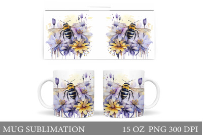 Bee Watercolor Mug Wrap. Bee Flowers Mug Wrap Design