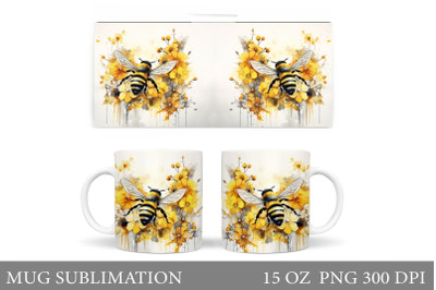 Bee Flowers Mug Wrap Design. Bee Watercolor Mug Wrap