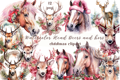 Watercolor Head Deers and hors christmas clipart