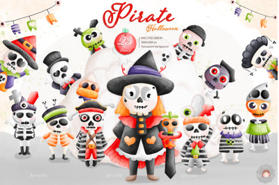 Cute Pirate Halloween Watercolor clipart Sublimation