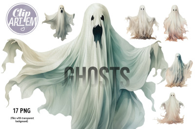 Ghosts Watercolor  Clip Art 17 PNG Images Bundle Halloween Decor