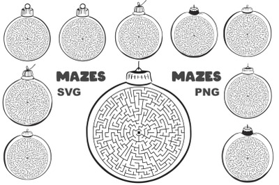 SVG Mazes in Christmas Balls Illustrations.