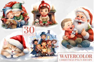 30 Christmas Scenes Watercolor Clipart - Festive Cute Moment