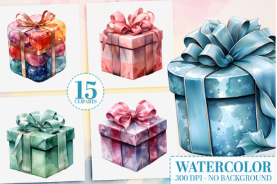 15 Gift Box Watercolor Clipart - Festive Present PNG Designs
