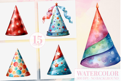 15 Watercolor Party Hats Clipart: PNG Birthday