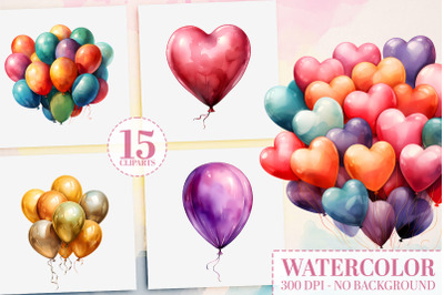 15 Birthday Balloons Watercolor Clipart PNGs