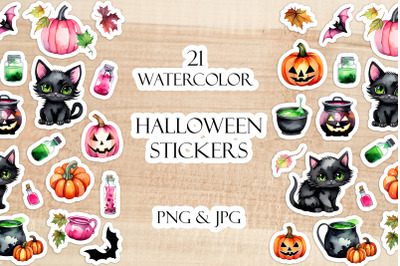 Watercolor Cute Halloween Stickers Pack PNG