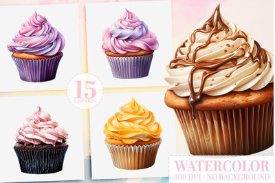 15 Watercolor Cupcake PNGs - Birthday Sweets