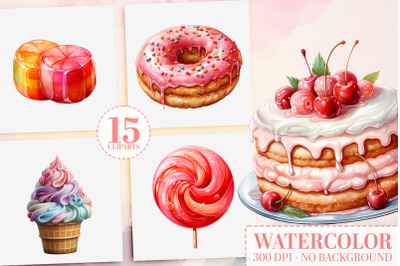 15 Sweet Delights Watercolor Dessert Clipart PNGs