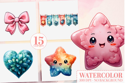 15 Birthday Watercolor Clipart Elements