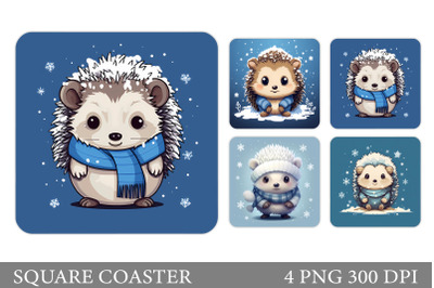 Hedgehog Square Coaster. Cute Hedgehog Winter Coaster Design