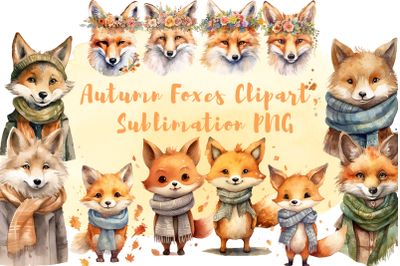 Autumn Foxes Clipart, Sublimation PNG