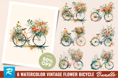 Watercolor Flower Bicycle Clipart Bundle