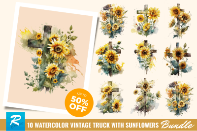 Watercolor Cross &amp; Sunflowers Clipart Bundle
