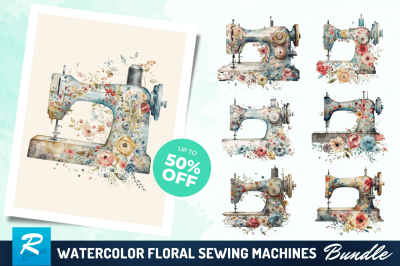 Watercolor Floral Sewing Machines Clipart Bundle