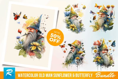 Watercolor Old man sunflower &amp; Butterfly Clipart Bundle