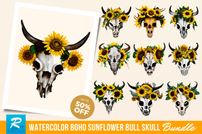 watercplor Boho Sunflower Bull Skull Clipart Bundle