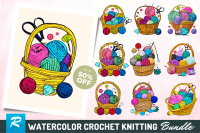 Watercolor Crochet Knitting Clipart Bundle