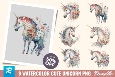 Watercolor Cute Unicorn Clipart Bundle