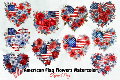 American Flag Flowers Watercolor Clipart