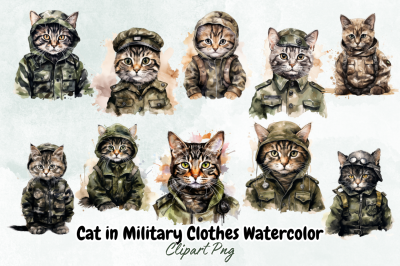 Cat in Military Clothes Watercolor