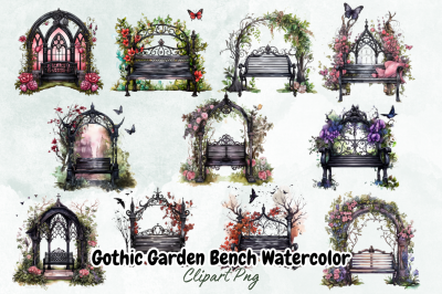 Gothic Garden Bench Watercolor Clipart