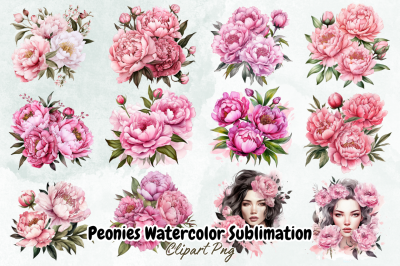 Peonies Watercolor Sublimation Clipart