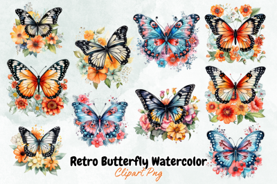 Retro Butterfly Watercolor Clipart