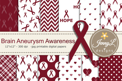 Brain Aneurysm Awareness Digital Papers and Burgundy Ribbon Clipart