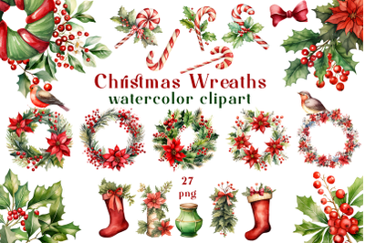 Watercolor Christmas Wreaths and flowers clipart, png