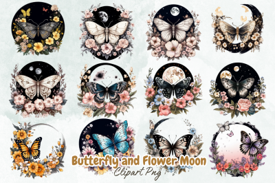 Butterfly and Flower Moon Clipart Bundle