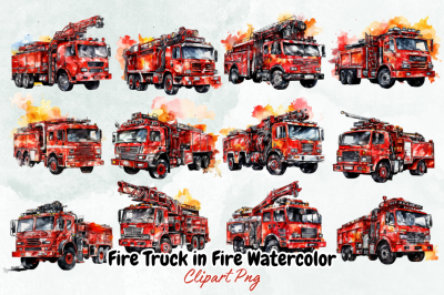 Fire Truck in Fire Watercolor Clipart