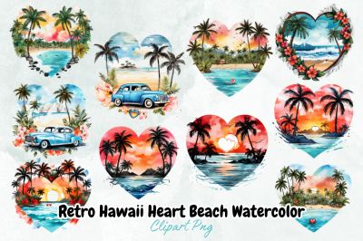 Retro Hawaii Heart Beach Watercolor