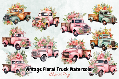 Vintage Floral Truck Watercolor Clipart