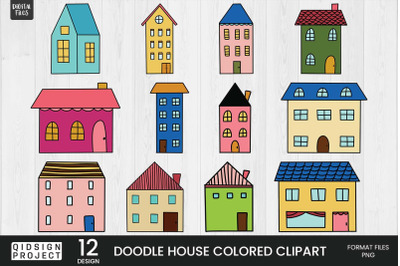 12 Doodle House Colored Clipart, hand drawn house